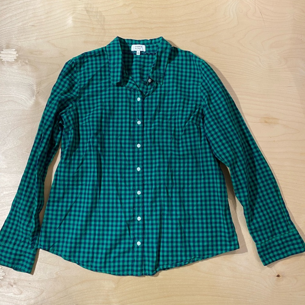 crown & ivy Green and Navy Gingham Button-Down Shirt Large (QT) - Picture 4 of 7